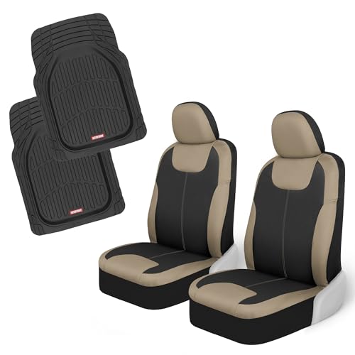 Motor Trend 2 Waterproof Front Seat Covers + 2 Trimmable Floor Mats – Universal Fit Car Interior Combo Set for Cars, Trucks, SUVs & Vans – All-Weather Protection for Vehicle Seats & Flooring - color: Beige Front Seats & Black Mats