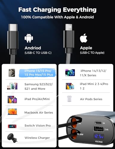 SUPERONE 【Upgraded】 Retractable Car Charger 4 in 1, Fast Car Phone Charger with Cord 2.6ft, USB C and Apple Car Charger Adapter, Compatible with iPhone 17 16 15/15 Pro Max/14/13/12/11, Galaxy, Pixel - color: Gray