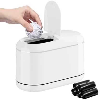 PAVSTINE Mini Trash Can for Desk with 5 Rolls of Trash Bags, Small Press-Top Countertop Garbage Bin, Removable Waste Basket for Bedroom, Vanity, Coffee Table, Kitchen (White Half-Lid) - color: White Half-Lid
