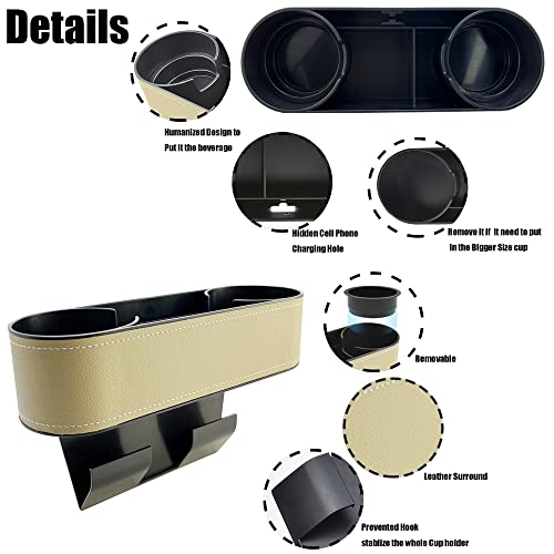 Car Cup Holder Expander Organizer,Multifunctional Cup Drink Holders with PU Leather Cover,Side Insert Center Console Seat Gap Filler Storage Box for Mug Bottle CellPhones Keys Coffee Coasters Cards - color: Thin Beige