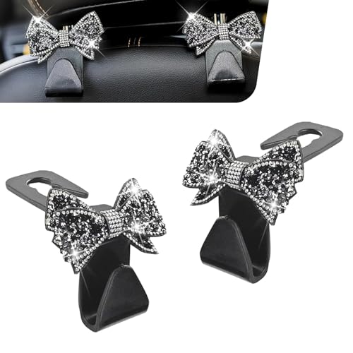 2 PCS Bling Bow Car Seat Headrest Hooks, Cute Rhinestone Bow Car Seat Back Storage Decor Hook, Multi-Purpose Rear Hanger Holder for Bags, Purse, Clothes (Black) - color: Black