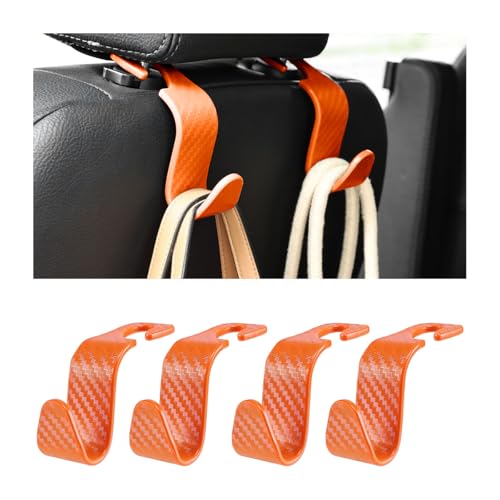 Car Seat Headrest Hooks, 4PCS Carbon Fiber Vehicle Back Seat Storage Hanger Holder for Hangbag Coat Grocery, Automotive Interior Headrest Hook Organizer, Universal for Vehicles (Orange) - color: Carbon Fiber Orange