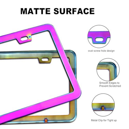 Iridescent License Plate Frame, 2 Holes Fashion Purple Stainless Steel Mirror Polish Holder, 2 Pack Waterproof Rust-Proof Universal US Car Frame, Including Screws, Caps and Rattle Proof Pads - color: Iridescent
