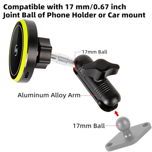15W Magnetic Wireless Charging Phone Mount with Aluminum Double Socket Arm & 17mm/0.67" Ball -Replacement Base for Car Air Vent, Dashboard, Windshield Holder, Compatible with MagSafe iPhone - style: Wireless Charging with Metal Arm