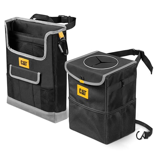 CAT® Car Seat Organizer & Trash Can Cooler Bundle – Portable Seat Caddy with Adjustable Straps + 2.4 Gallon Leak-Proof Hanging Trash Bin with Waterproof Liner, Car Accessories for Cars Trucks SUVs - color: Black Caddy&Trash