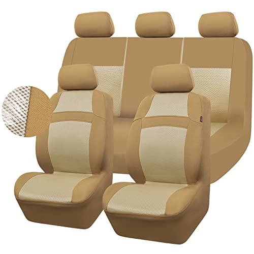CAR PASS Seat Cover Full Sets, 3D Air Mesh Car Seat Cover with 5mm Composite Sponge Inside,Airbag Compatible Universal Fit for SUV,Vans,sedans, Trucks, Automotive Interior Covers (Pure Beige) - color: All Beige, size: Full Sets