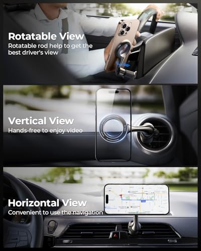 MRGLAS for MagSafe Car Mount [ 2025 Upgraded 40 Strong Magnets] [360° Rotation] Air Vent Magnetic Phone Holder [Double Metal Hook] Car Phone Holder Mount Compatible iPhone 17 16 15 Pro Max Plus S25 24 - color: Charcoal Black