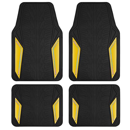 PIC AUTO Rubber Floor Mats, Yellow Aluminum Film with Colorful Piping Floor Mats for Cars, Car Mats with Non-Slip Backing, All-Weather Protection, Trim-to-Fit Liner for Cars, SUVs, Trucks, Vehicles - color: Yellow