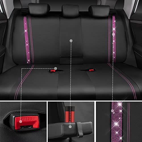 CAR PASS Bling Diamond Car Seat Covers Full Set, Shining Rhinestone Waterproof Faux Leather, Rear with Zipper, Universal Fit Automotive Glitter Crystal Sparkle Strips for Women Girl, Black Pink - color: Pink Diamond, size: Full Set