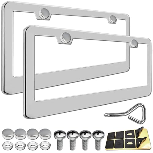 License Plate Frames - 2 Packs Stainless Steel Universal Car Tag Frame for Front and Rear Number Holder with Screws & Chrome Caps - style: Stainless Steel-Wide Frame-A