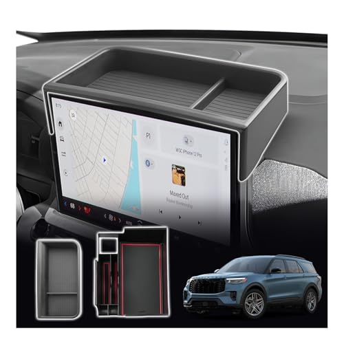 SXCY 2PCS for 2025 2026 Ford Explorer Screen Back Tray + Center Console Organizer (Red Mat) for Ford Explorer 2025 2026 Accessories - color: 25 26 Explorer Armrest Tray(Red Mats)+Dash Tray