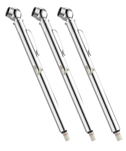 UNCO- Stainless Steel Pencil Tire Pressure Gauge, 3 Pack, 10-50PSI, 10-100PSI, 20-120PSI, Pencil Air Pressure Gauge for Tires with 16 Valve Caps - color: Silver, size: 3 Pack, 10-50 Psi, 10-100 Psi, 20-120 Psi