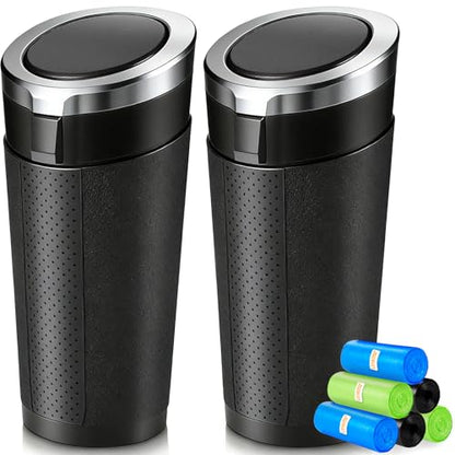 Car Trash Can Bin with Lid - 2 Pack, Leakproof Garbage Can for Vehicle, Mini Trash Bin with 180 Attached Trash Bags, Easy to Clean Cup Holder Trash Can for Car, Home, Office - color: Black&Silver 2