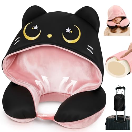 Mewaii Travel Neck Pillow with Hood for Airplanes,Memory Foam,Breathable Ice Silk & Soft Velvet,Double-Sided,Removable to Clean,Adjustable Strap,Portable Travel Pillow for Long Flights Adults & Teens - color: Pink