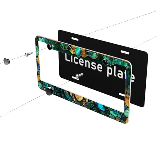 Stained Glass License Plate Frame Emerald Gold Art Nouveau Personalise Funny Design Compatible with Standard License Plate Holder for USA 6 X 12 Inch with Screws - color: Stained Glass, size: 6"L x 12"W(1PC)