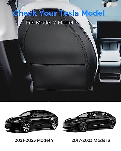 Car Seat Protectors Designed for Tesla Model Y/3 Accessories (Includes 2025 Model Y Juniper & Model 3 Highland), Wear Resistant Leather Kick Mats with More Space Pocket, Set of 2