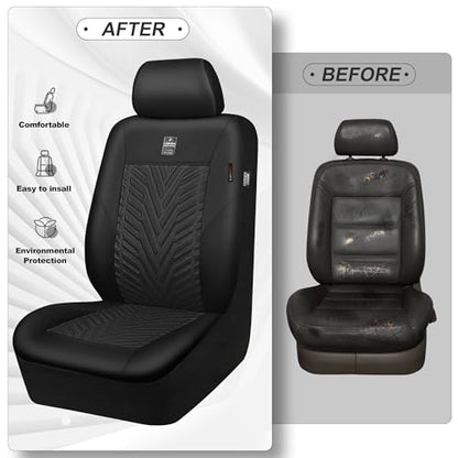 CAR PASS Faux Leather Car Seat Covers, 3D Tyre Embossed Waterproof Universal Fit 5 Seat Covers for SUV, Automotive Truck, Scratch Proof, Airbag Compatible (Deluxe Full Set, All Black) - color: All Black