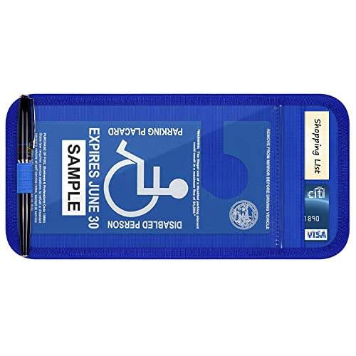 Handicap Placard Holder for Auto, Wisdompro Disabled Parking Permit Sign Protector for Car Sun Visor with Note Paper Slot, Pen Holder and Elastic Strap - Blue - color: Blue