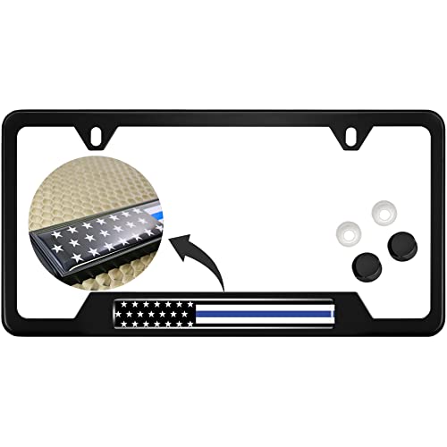 Stainless Steel Matte Black CAR 2-Hole Standard Size - Domed Custom-Made Corrosion-Resistant License Plate Frame with Thin Blue Line USA Flag Design and Free caps - (Qty: 1 Frame) - size: Thin Blue Line U.S. Flag