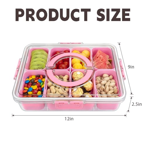 Divided Serving Tray with Lid and Handle, 8 Compartments Snack Box, Portable Platter for Candy Fruits Nuts, Snack Party Entertaining Picnic - color: Pink-new-1