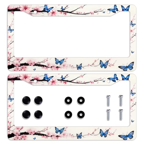Pink Cherry Blossoms Car Front License Plate Frame Spring Blue Butterflies Personalise Stainless Steel Auto Parts Funny License Plate Frames DecorationSize for Men Women 12.2"x6.2" - color: Pink Cherry Blossoms