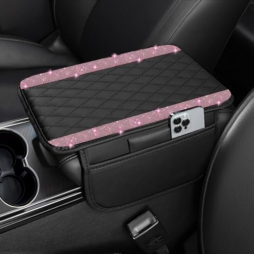 NBTEPEM Bling Car Center Console Cover, Leather Car Arm Rest Cover Cushion with 2 Storage Bags, Universal Automotive Armrest Protector Storage Box, Bling Accessories Interior for Most Vehicles (Pink) - color: Pink Diamond