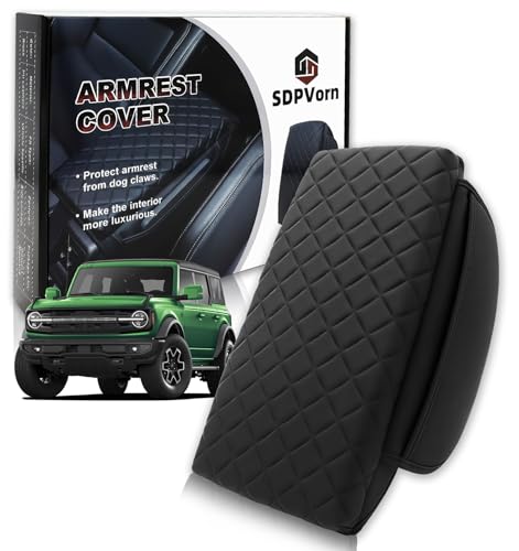 Armrest Cover for Ford Bronco 2021-2025 Center Console Pad with Organizer Storage Pockets, Black Faux Leather Arm Rest Lid Protector Cushion Interior Accessories 2/4 Door (for Bronco)