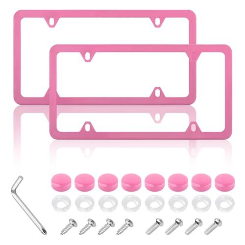 2PCS Colorful Car License Plate Frames with Gaskets Screws & Caps,Stainless Steel 4 Holes License Plate Holder Fits U.S. Standard,Universal Car Accessories Car Tag Frame (Pink) - color: Pink