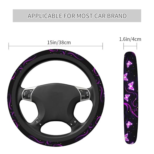 Swono Butterfly Purple Steering Wheel Cover for Men Women Abstract Purple Butterfly and Flower On The Black Universal 15 Inch Auto Neoprene Case Anti-Slip Car Wheel Protector - color: multi-049