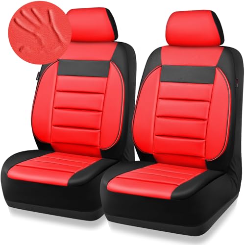 CAR PASS Leather Car Seat Covers Front Seats Only, Universal Fit Automotive Interior Waterproof 3D Foam Back Support Car Seat Covers for Trucks Vans and SUVs Airbag Compatible 2 Pieces （Black Red - color: Red Front