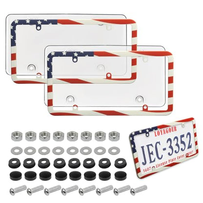 2Pack License Plate Cover and Frames,Clear Front and Rear License Plate Holder Shield,Unbreakable Car Licence Plate Frame Protector fits Any US Plates with Screws & Caps (American Flag Frame) - color: American Flag Frame with Clear Cover