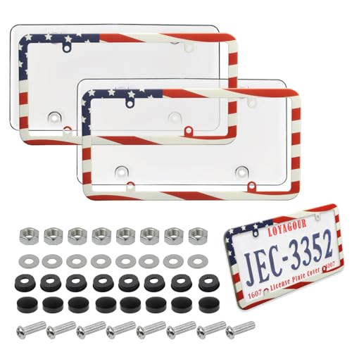 2Pack License Plate Cover and Frames,Clear Front and Rear License Plate Holder Shield,Unbreakable Car Licence Plate Frame Protector fits Any US Plates with Screws & Caps (American Flag Frame) - color: American Flag Frame with Clear Cover