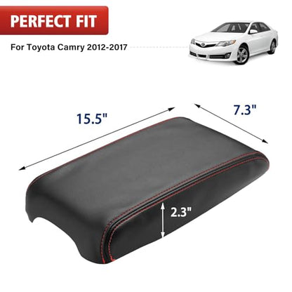 KBH Center Console Armrest Cover Replacement for Toyota Camry 2012 2013 2014 2015 2016 2017, Vinyl Leather Arm Rest Skin Upholstery, Black-Red Stitch (Leather Part Only) - color: Black-Red Stitch, size: Camry 2012-2017