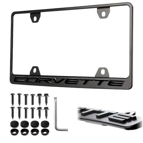 Corvette License Frame – Stealth Black Powder Coat UV Resistant Rust-Proof Steel Plate Holder - One Piece - Compatible with Chevrolet Corvette Chevy C5 C6 C7 C8 (3D RAISED LETTERS w/ MOUNT HARDWARE)
