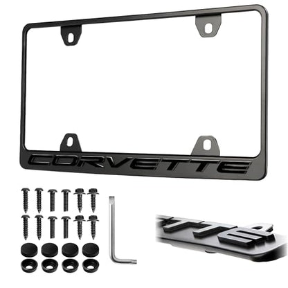Corvette License Frame – Stealth Black Powder Coat UV Resistant Rust-Proof Steel Plate Holder - One Piece - Compatible with Chevrolet Corvette Chevy C5 C6 C7 C8 (3D RAISED LETTERS w/ MOUNT HARDWARE)