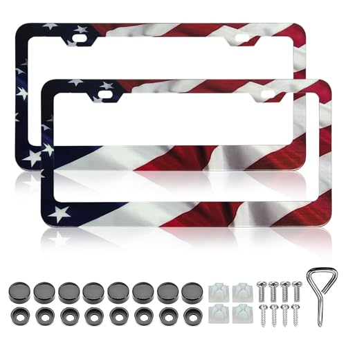 Patriotic American Flag License Plate Frame Holder - 2 Pack Universal Quality Metal Aluminum Matte Stripe US Flag Gloss Car Plate Frame Covers with 2 Holes and Free Screws Fasteners Caps - color: Matte American flag Narrow side B