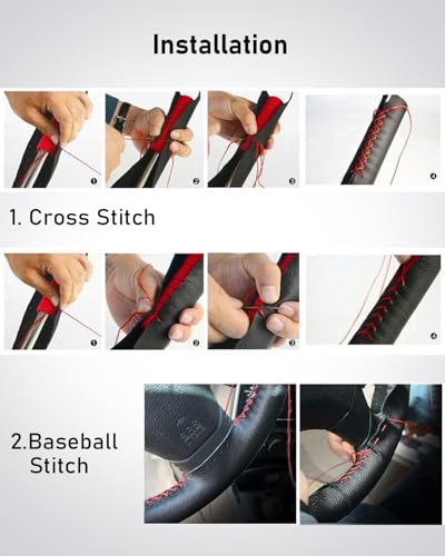 Belinous Leather Steering Wheel Cover Lace Up, Stitch on Steering Wheel Wrap, Universal Fit 13-20 Inch Car Truck Pickup Boat, A Whole Piece of Cowhide, DIY w/Needle Thread (Size XL0, Black) - color: Black, size: Xl0
