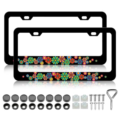 LIN KANG 2PCS Hippie Flower License Plate Frames, Colorful Floral Aluminum Metal License Plate Holder Car Accessory, Rust-Proof Waterproof Car Decorative Tag Frames with Screws Fasteners Caps - color: Hippie Flower Colorful Floral
