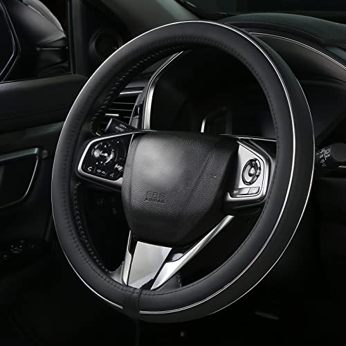 ALEMODR Black Leather Steering Wheel Cover Fiber Strip Car Steering Wheel Cover Universal 15 inch for Men - color: Black