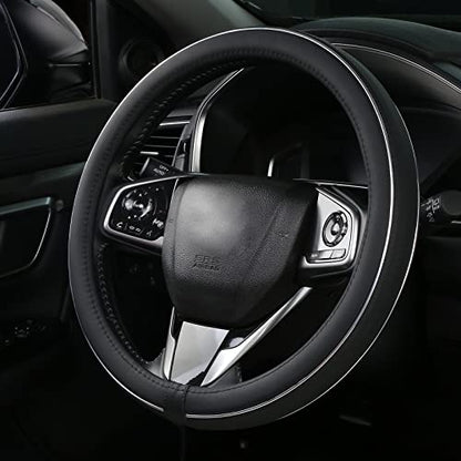 ALEMODR Black Leather Steering Wheel Cover Fiber Strip Car Steering Wheel Cover Universal 15 inch for Men - color: Black