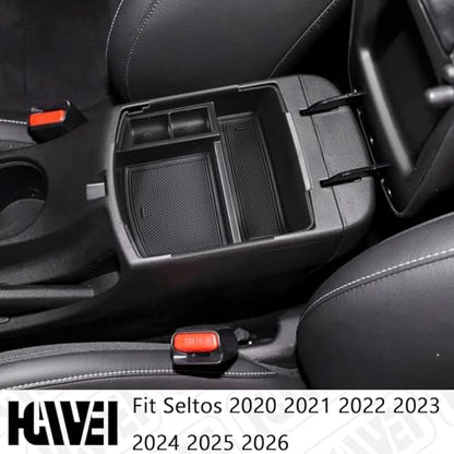 HGWEI Center Console Tray Organizer Compatible with Kia Seltos 2020 2021 2022 2023 2024 2025 2026 Accessories, Middle Armrest Insert Container ABS Secondary Storage Box, Black - color: black