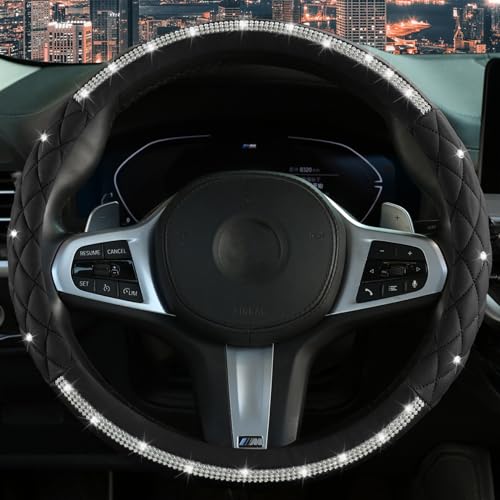 Steering Wheel Cover，with Sparkly Crystal Rhinestone, Delicate and Anti-Slip Bling Steering Wheel Cover ，Adaptable to 14.5-15 inches Car Wheel Protector for Women Girl，Diamond Car Accessories, Black - color: Black