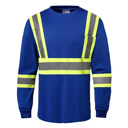 High Visibility Class 3 Shirts，Hi Vis Safety Long Sleeve Quick Dry Mesh Construction Work - color: Blue, size: Medium