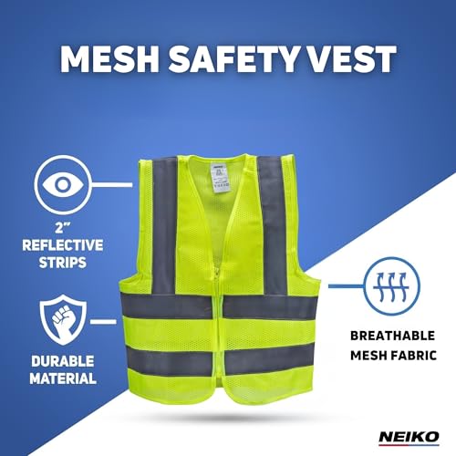NEIKO Mesh Safety Vest, High Visibility Vest, Reflective Strips, Zipper Front, Reflective Vest For Men & Women, Work Vest, Security Vest, Hi Vis Mesh Neon Yellow Vest 5X-Large 54078A - size: 5X-Large, style: Mesh