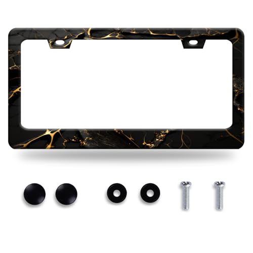 Marble License Plate Frame Black Gold Marble Printed License Plate Stainless Steel Funny License Plate Holder Men Women Colorful Car Accessory Decoration 12.3" x 6.3" - color: Black Gold Marble Pattern