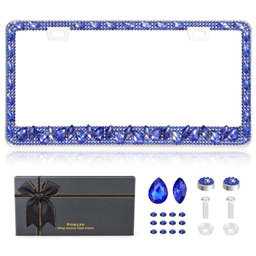 OKLPF Single Luxury Rhinestone License Plate Frame – Elegant Blue Bling with Glitter Crystals, Anti-Theft Screws & Gift Box, Fits Standard US Plates (Dark Blue) - color: Dark Blue, size: 1pc
