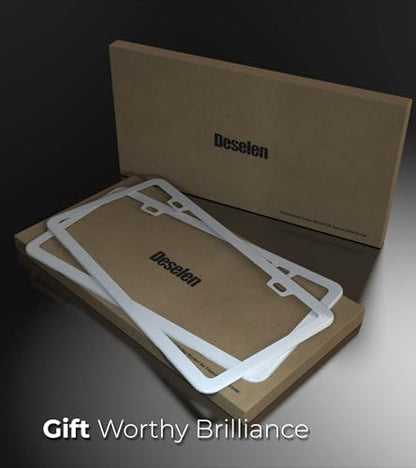 White License Plate Frame - 2-Hole Sleek Style, Stainless Steel, Premium Metal Durability, Easy Install, 2-Pack Gift Box - Matte Painted Finish - color: White(Most Pure)