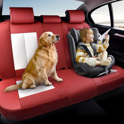 Coverado Leather Rear Seat Covers for Cars, Faux Leather Car Seat Covers Backseat, Waterproof Back Seat Cover for Dogs, Universal Automotive Seat Covers Backseat Seat Cushion Protector, Red&White - color: Red&White