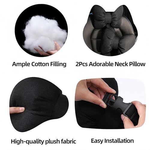 Car Seat Neck Pillow Elegant Bow Car Headrest Pillow Set - Cotton Linen Neck Cushion Universal Fit for Women Comes with 2 Seat Belt Covers (Black Set 4Pcs) - color: Black Set 4pcs