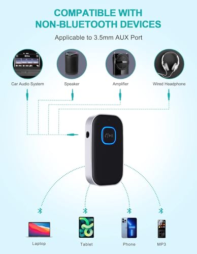 WOCBUY Bluetooth Car Adapter, WOCBUY 3.5mm AUX Bluetooth Receiver for Music Streaming, Wireless Music Audio Adapter with Built-in Mic, Home Stereo, Speakers (Handsfree Car Kits, 16H Playtime)